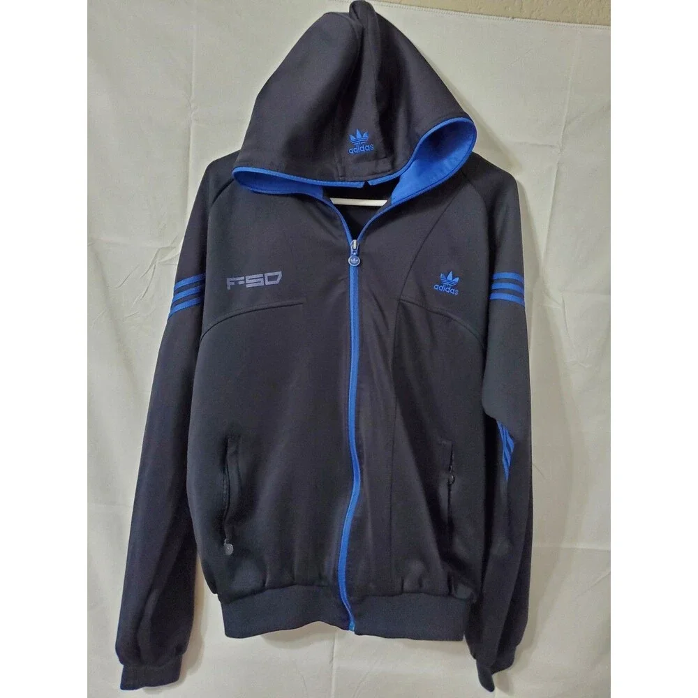 Adidas Full Zip Hoodie F-50 Trefoil Design Size Large Blue Black Hooded Athletic